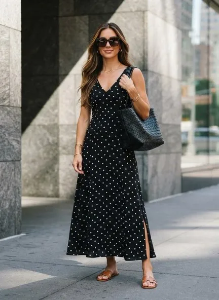 Black sleeveless V-neck midi dress with small white polka dots, a fitted waist seam and A-line skirt with a side slit, worn with a woven black tote and tan slides