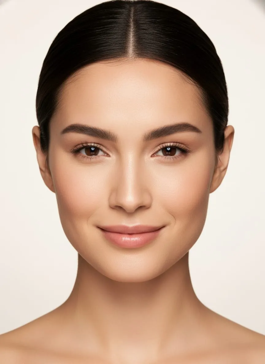 Nina, whose coloring reads as true winter — dark hair against fair, cool-toned skin