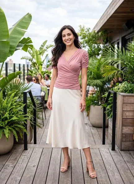 Dusty mauve-pink jersey wrap top with ruched short sleeves and gathered sides, worn with a champagne bias-cut satin midi skirt and nude strappy sandals