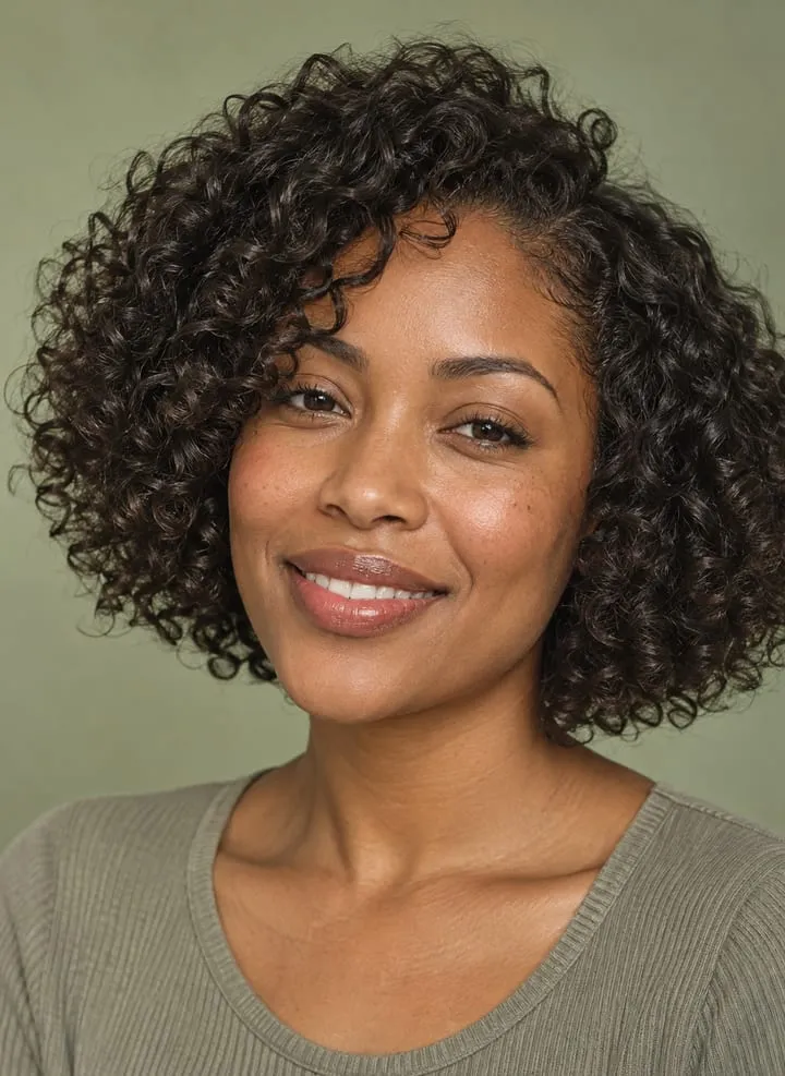 Woman with fine natural curls wearing a rounded chin-length bob