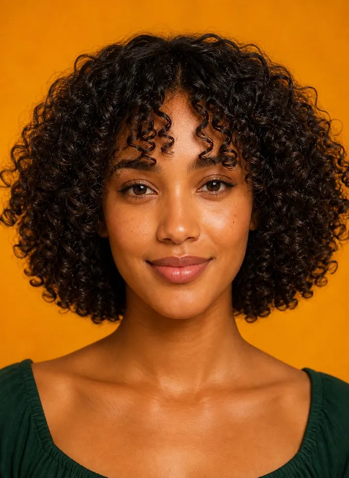Woman with an oval face wearing a rounded chin-length bob of defined natural curls