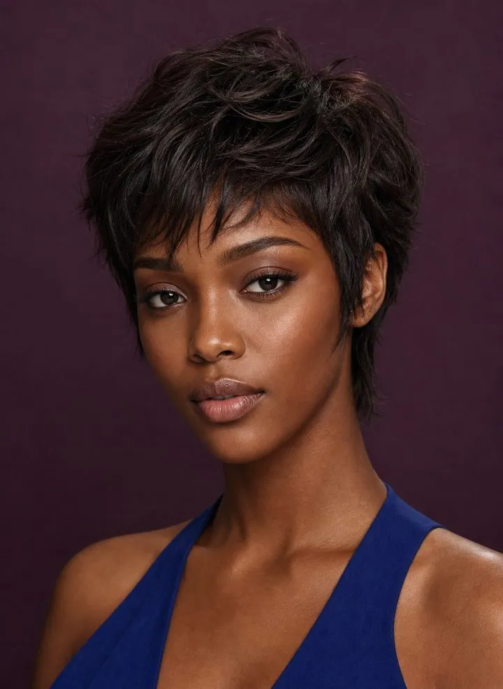 Woman with an oval face wearing a sculpted long bixie with airy piecey layers