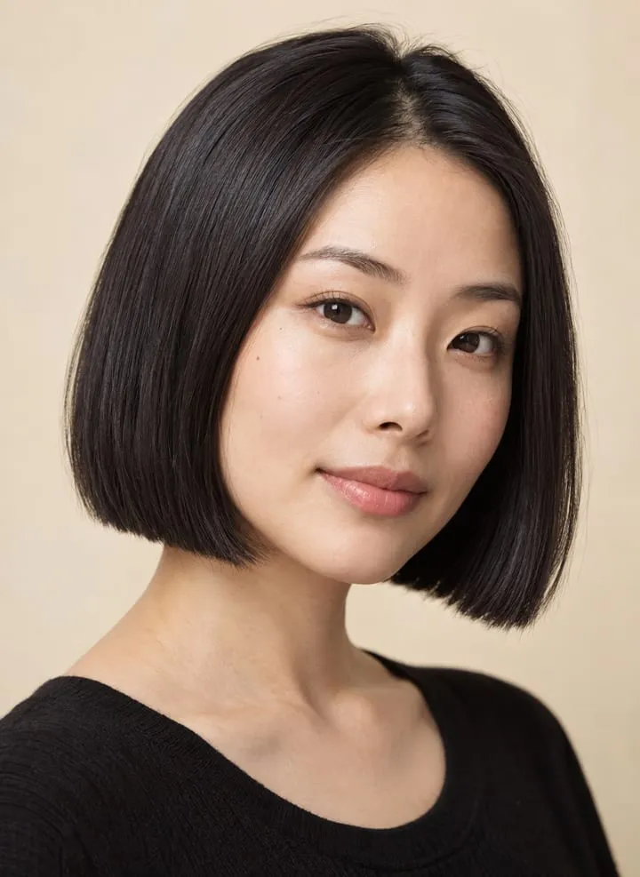 Woman with fine black hair wearing a sharp one-length chin bob