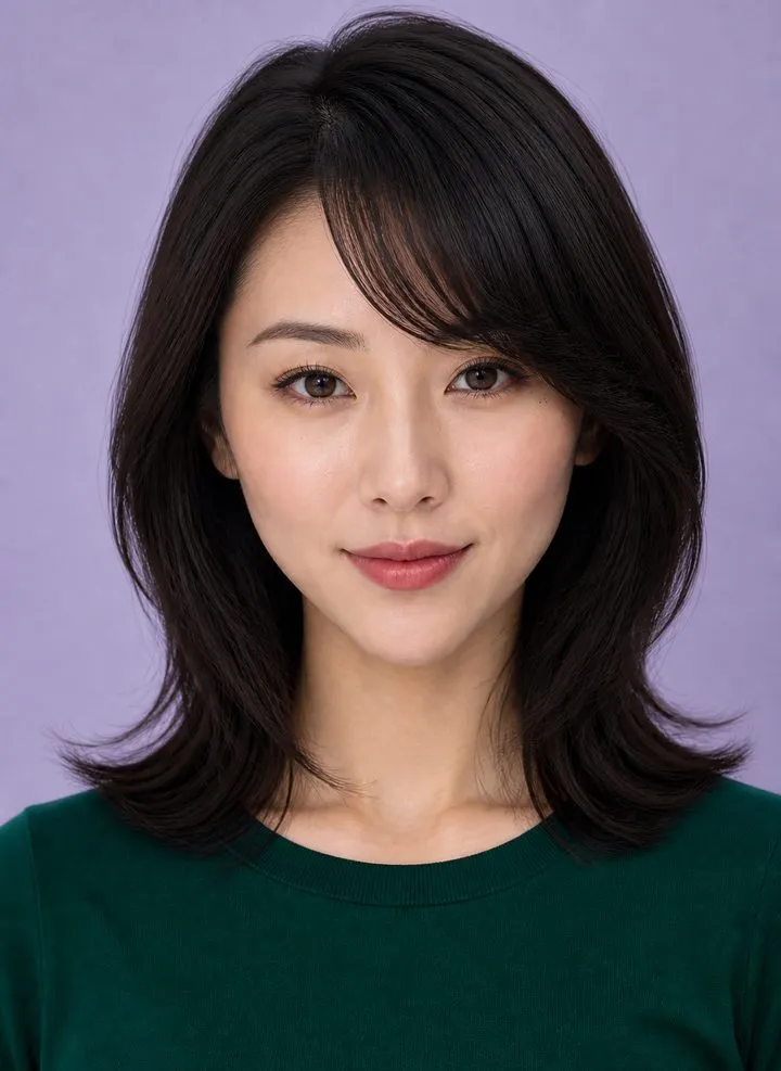 Long side-swept bangs blending into shoulder-length layers on a woman with a heart-shaped face