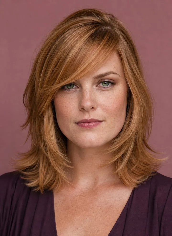Long side-swept bangs blended into shoulder-length layers on a woman with a square face