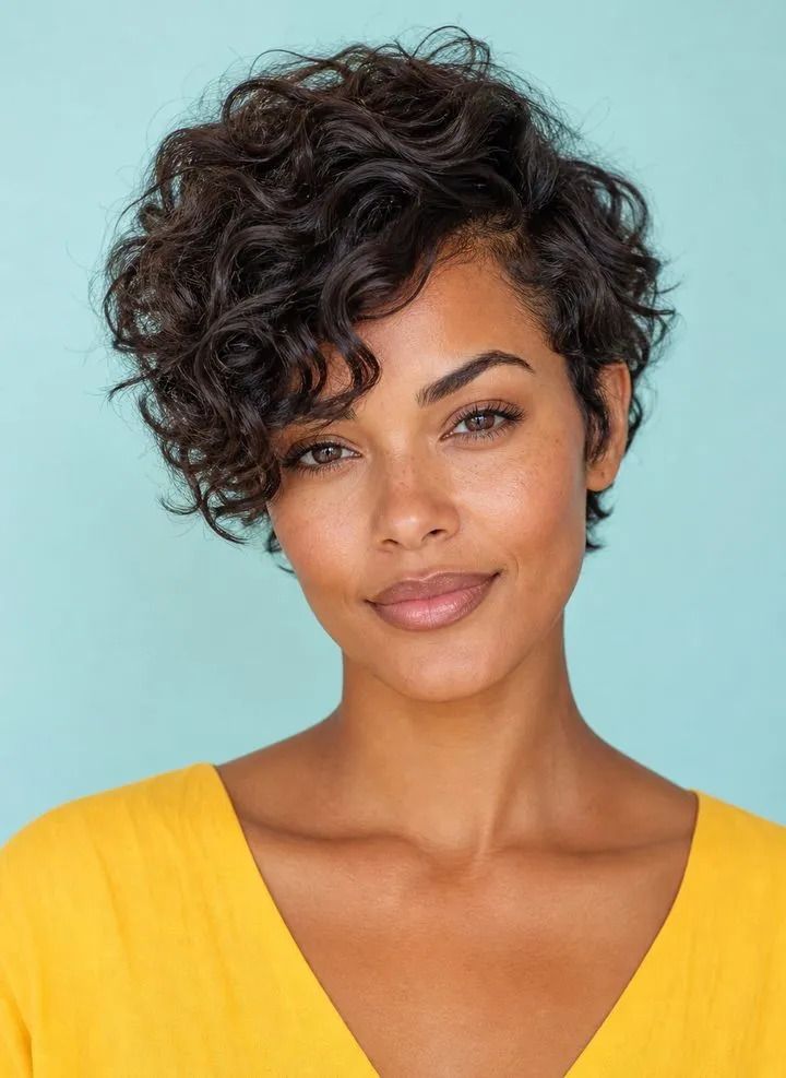 Long side-swept curly bixie with soft length around the ears on a woman with a heart-shaped face