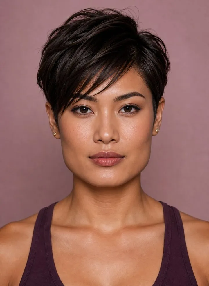 Side-swept textured bixie with a tapered outline on a woman with a square face