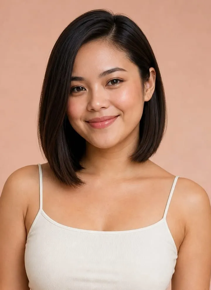Sleek long bob below the chin with an off-center part and one side tucked