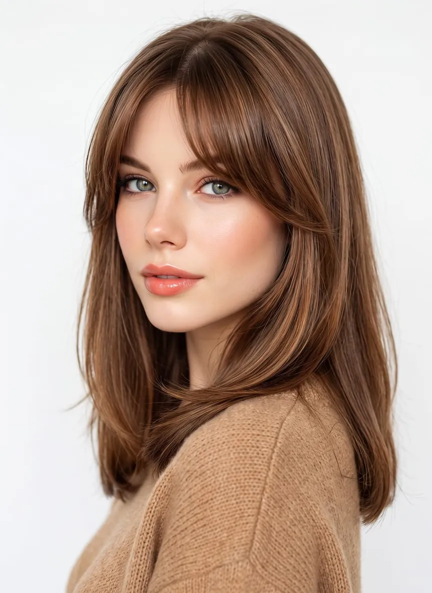 Shoulder-length chestnut hair pressed glass-straight, with a long side-swept fringe falling past the brow and blending into softly tapered ends