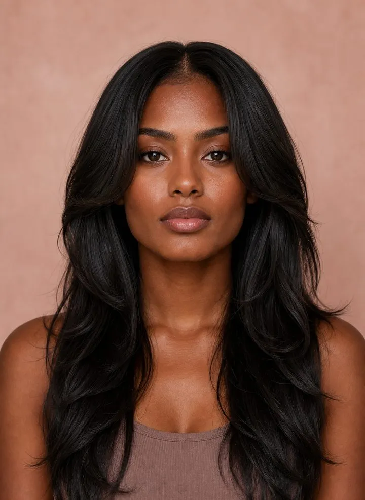 Soft face-framing layers curving below the cheekbones on a woman with a square face