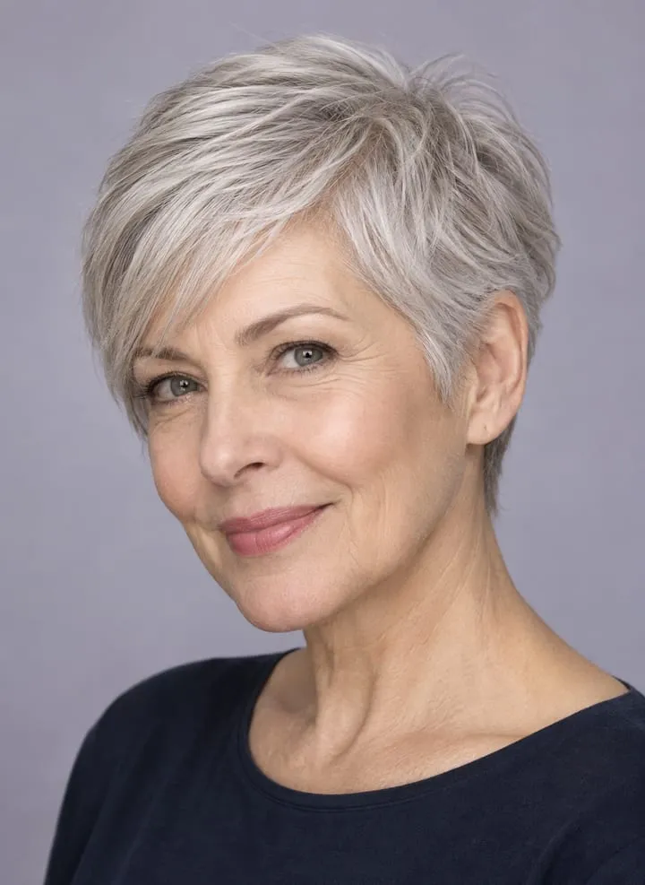 Older woman with fine silver hair wearing a softly tapered pixie