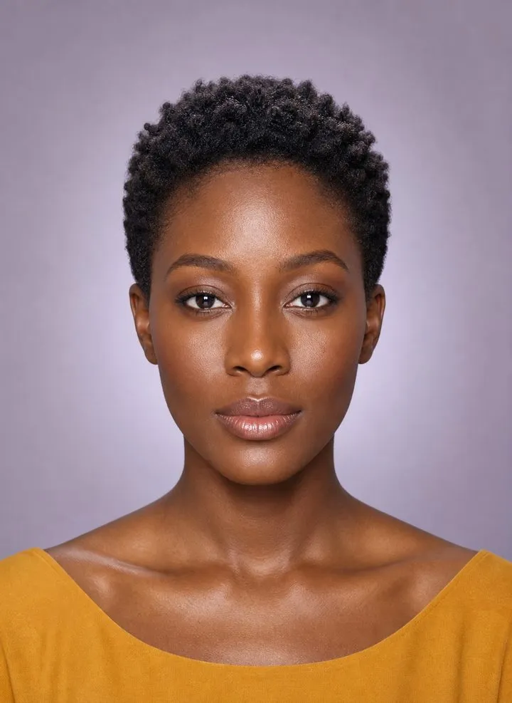 Woman with an oval face wearing a short tapered crop of defined natural coils