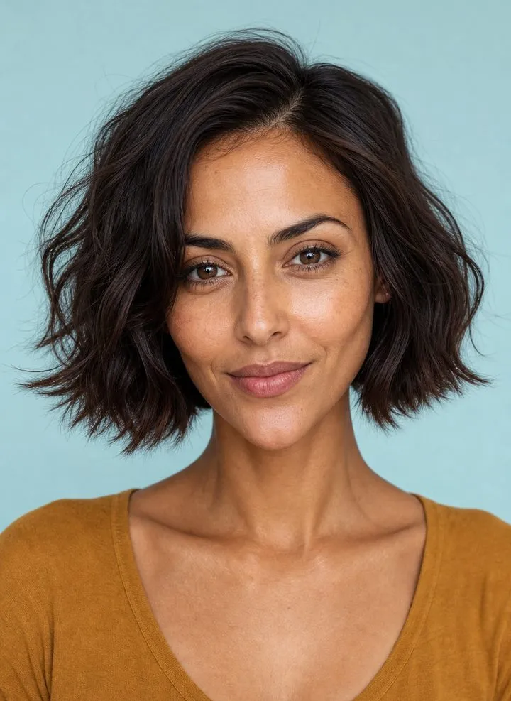 Textured chin-length bob adding fullness beside the narrow jaw of a woman with a heart-shaped face