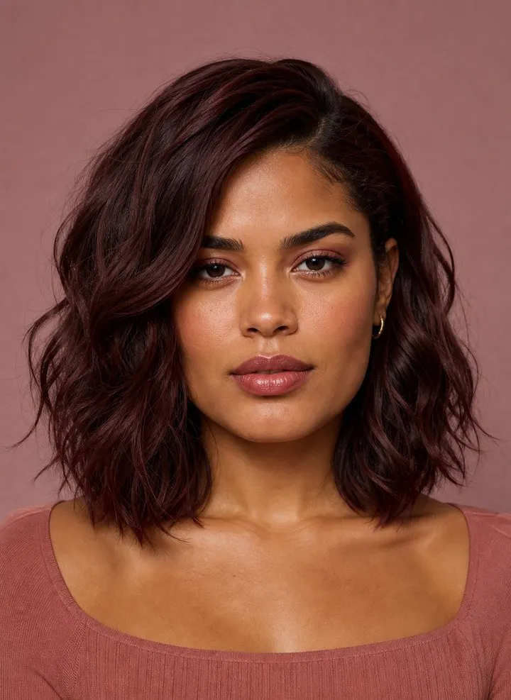 Textured collarbone lob ending below the jaw on a woman with a square face
