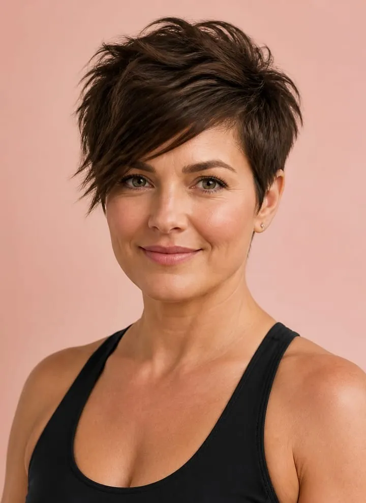 Textured pixie with tapered sides, crown height, and a side-swept fringe