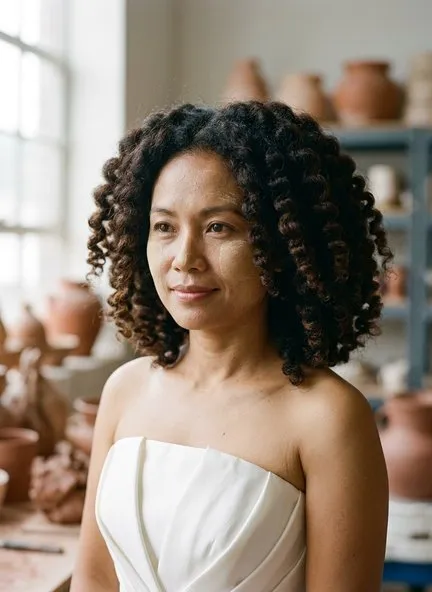 Shoulder-length coily hair set into defined springy coils with copper light through the ends, worn full at the sides off a soft center part