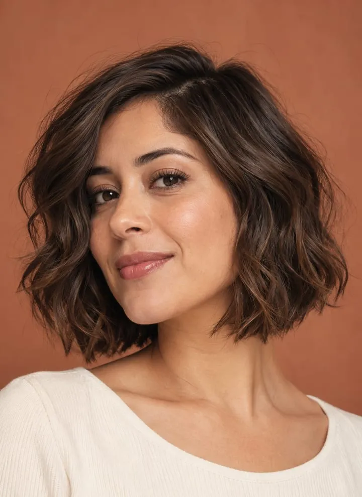 Woman with fine wavy brunette hair wearing a softly graduated bob