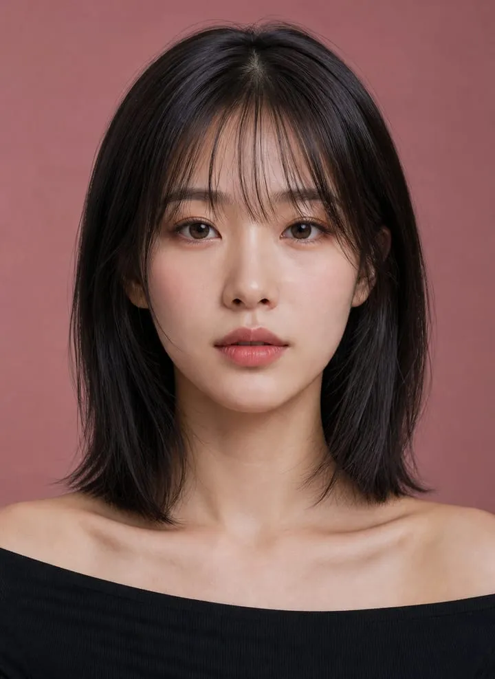 Woman with glossy dark hair wearing sparse feather-fine whisper fringe