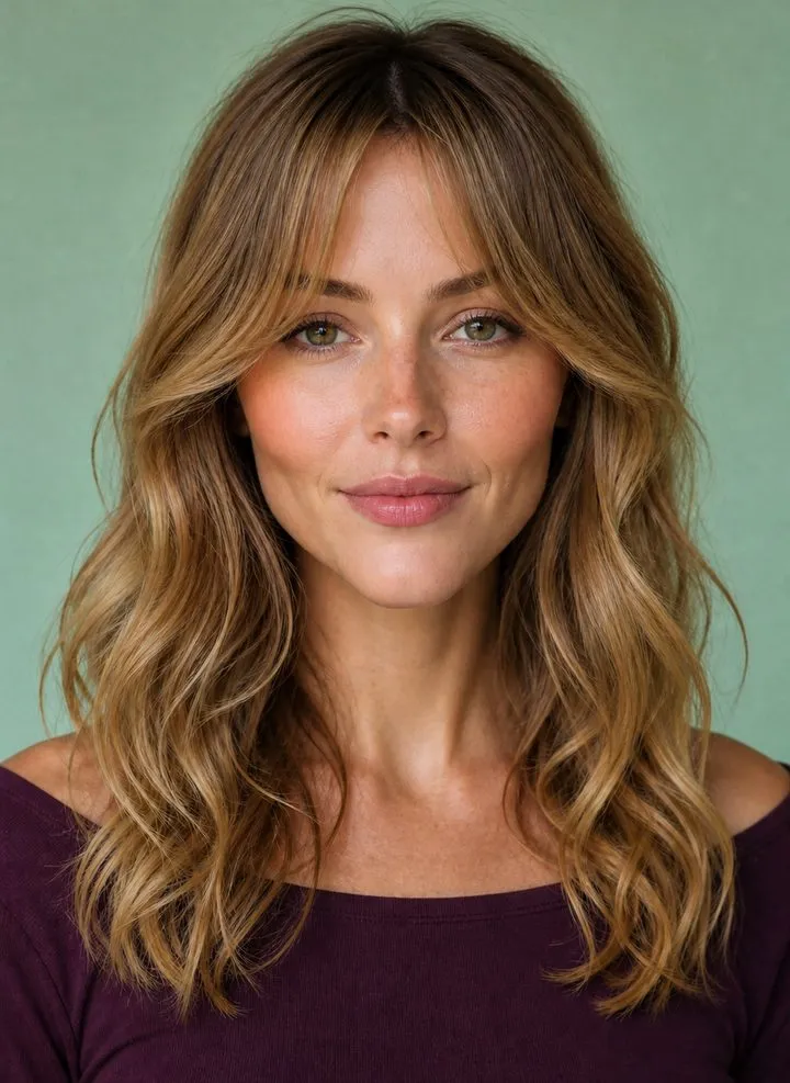 Wispy curtain bangs and soft lower waves framing a woman with a heart-shaped face