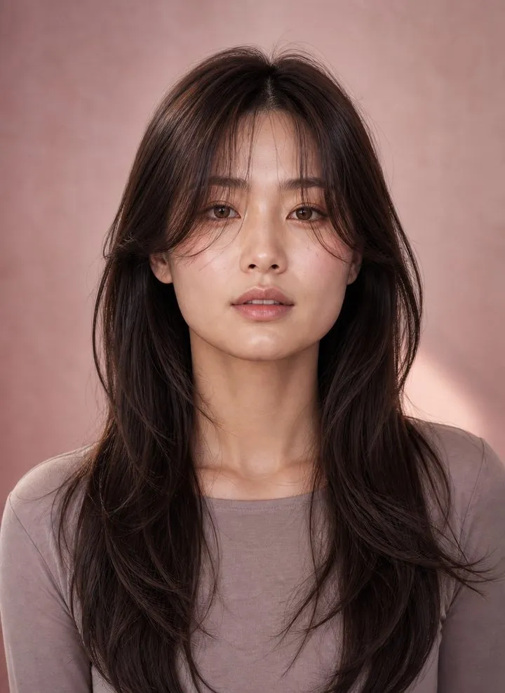 Wispy curtain bangs blending into long layers on a woman with a square face