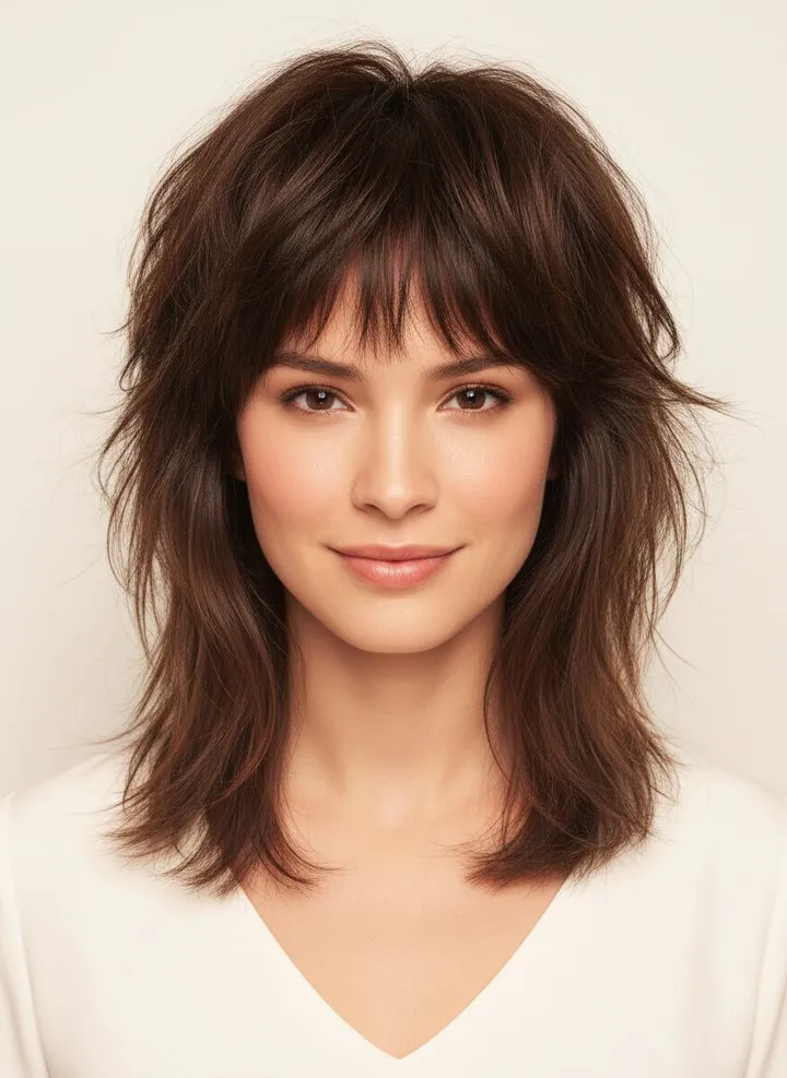Wolf cut with shaggy crown layers and longer wispy ends