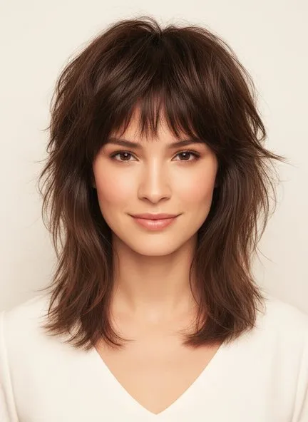 Shoulder-length wolf cut with heavy layers through the crown, piecey ends, and a wispy fringe across the brows